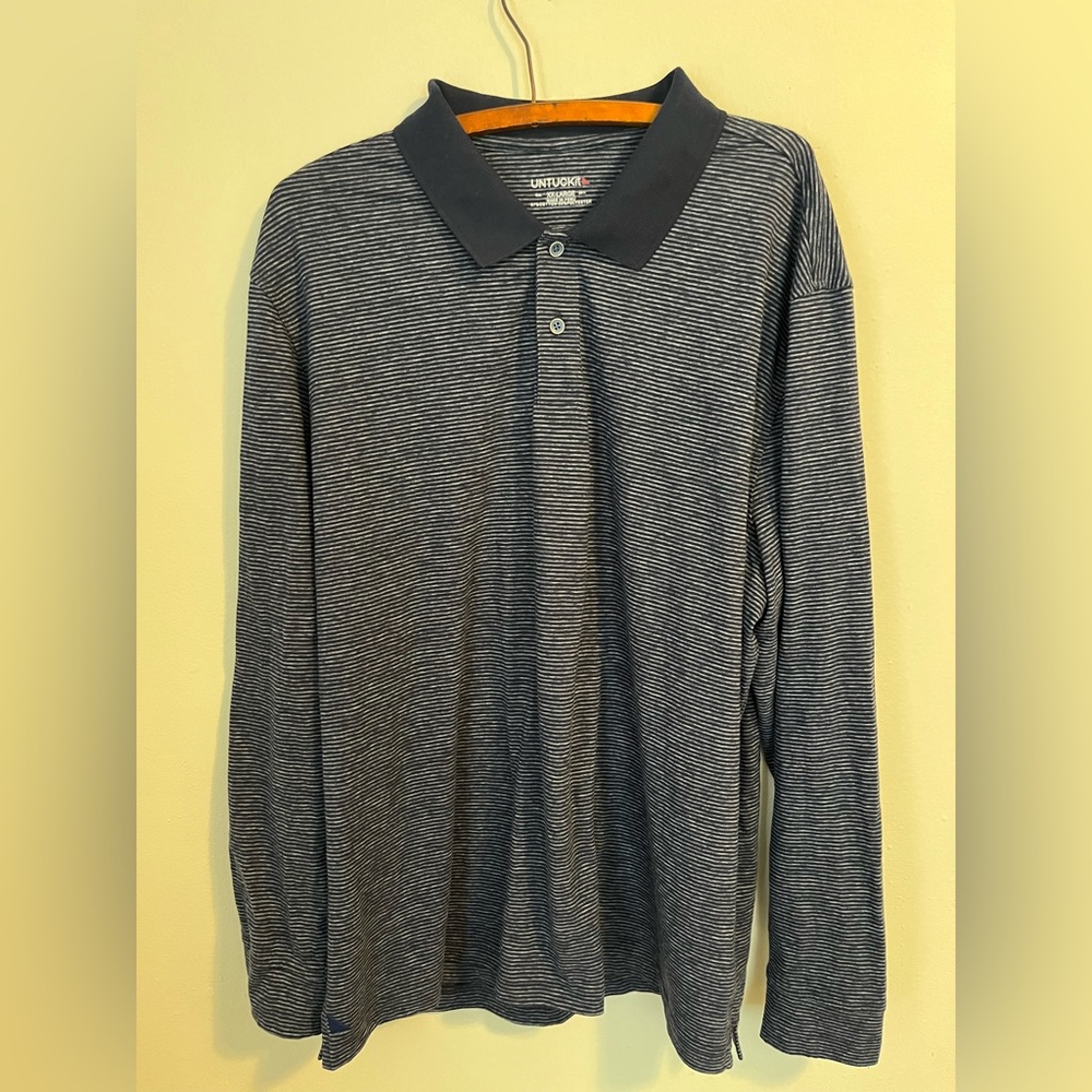 Untuckit Shirt Men's XXL Navy Blue Stripped Long Sleeve Polo